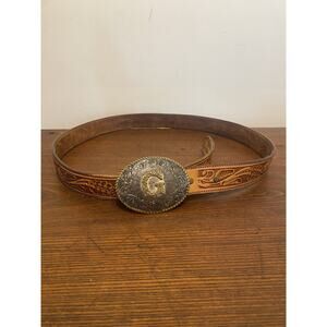 Brown Leather Hand Tooled Etched Belt & Crumine Bronze Silver Plate G Buckle